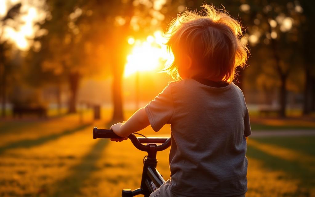 Cyclist at sunset with warm orange light glowing through their hair