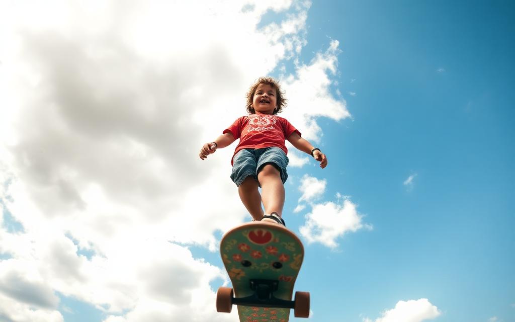 Skateboarder photographed from the ground looking up against a big blue sky