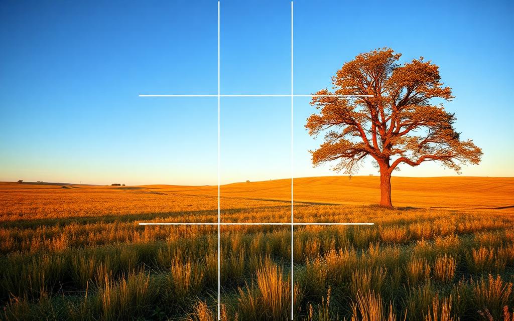 Field and tree with a 3 by 3 grid drawn on top, tree sitting on the right grid line