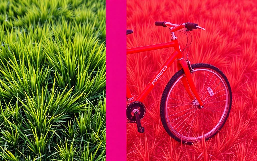 Side by side grass and bicycle, left in natural colors, right in extremely oversaturated neon colors