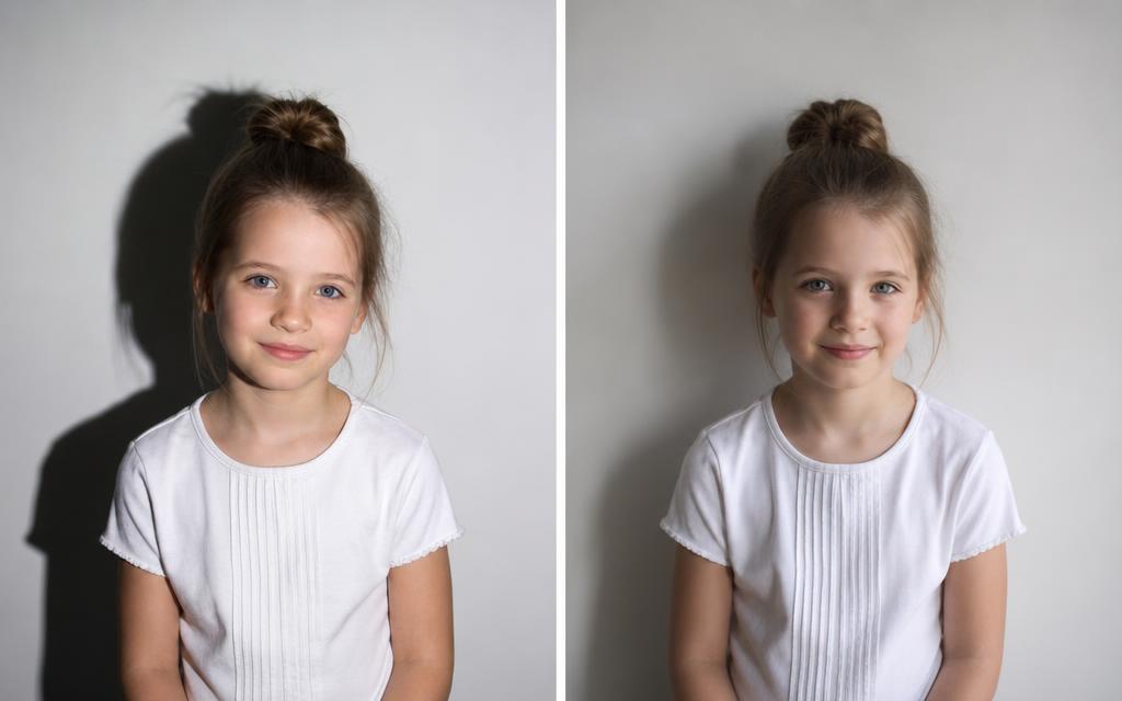 Two portraits of the same girl: left with a sharp hard shadow on the wall, right with a soft faded shadow
